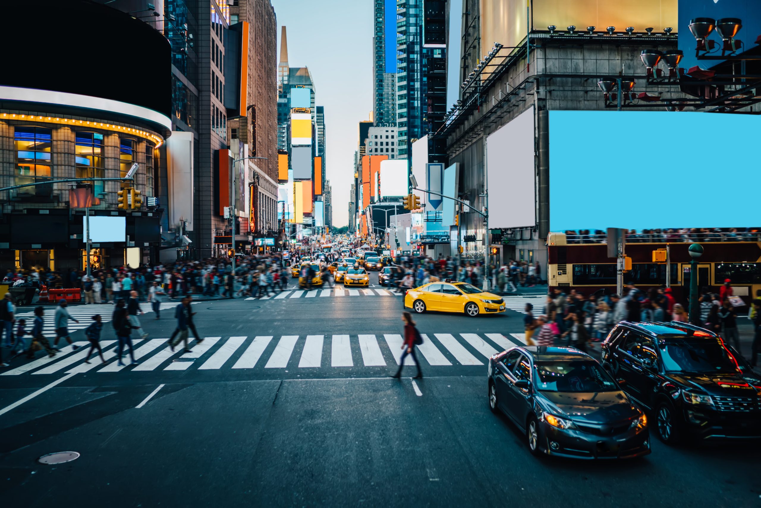 The Famous Times Square in downtown New York City - one of the cheapest places to fly to from the UK.